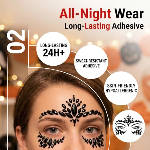 Kotbs Black Rhinestone Face Gems - 6-Pack Self-Adhesive Festival Jewels
