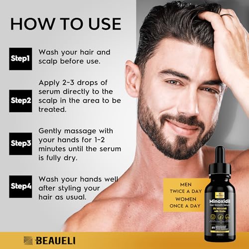 beaueli 5% Minoxidil for Men & Women Hair Growth, Beard Growth, Hair Loss Treatment, Unisex Adult 1oz