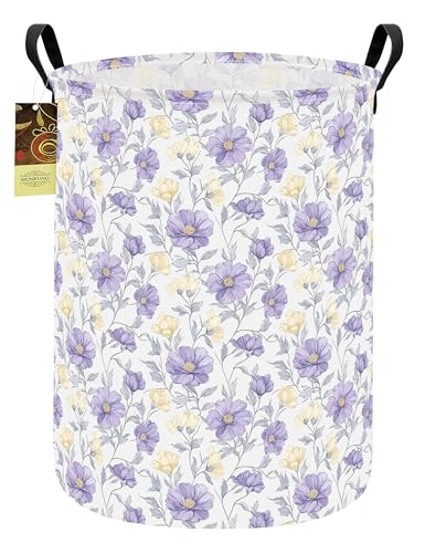 Collapsible Round Storage Basket with Handles - Purple Flower