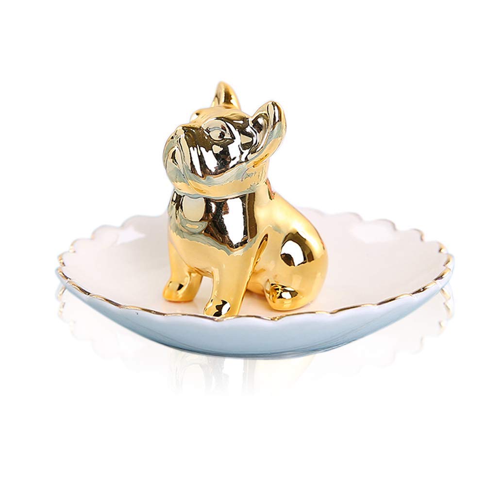 Lependor Dog Ceramic Jewelry Tray Ring Holder Trinket Dish Necklace Earrings Rings Jewelry Organizer Display Jewelry Trinket Holder Home Decoration - Gold Bulldog