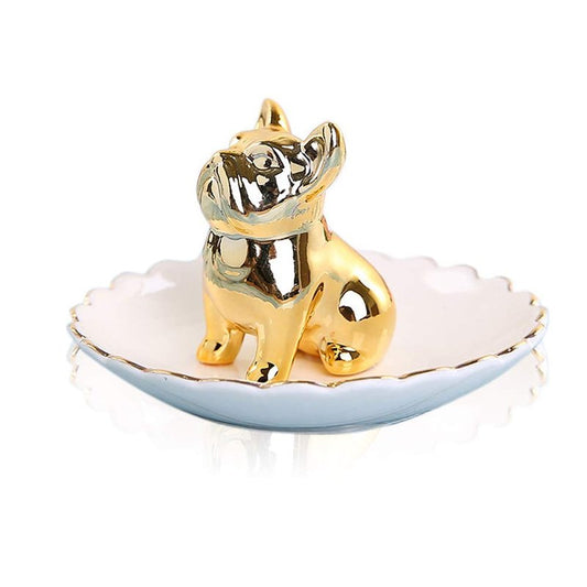 Lependor Dog Ceramic Jewelry Tray Ring Holder Trinket Dish Necklace Earrings Rings Jewelry Organizer Display Jewelry Trinket Holder Home Decoration - Gold Bulldog