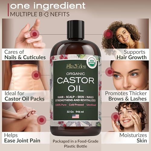 Ella & Eden Organic Castor Oil, Cold-Pressed Hexane-Free, 32 fl oz | USDA Certified, 100% Pure, Unrefined, For Hair Growth, Skin and Face