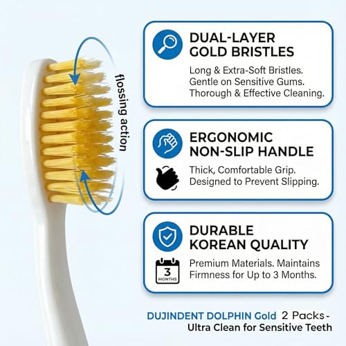 DUJINDENT Dolphin Gold Infused Ultra Soft Toothbrush 2 Pack for Sensitive Gums