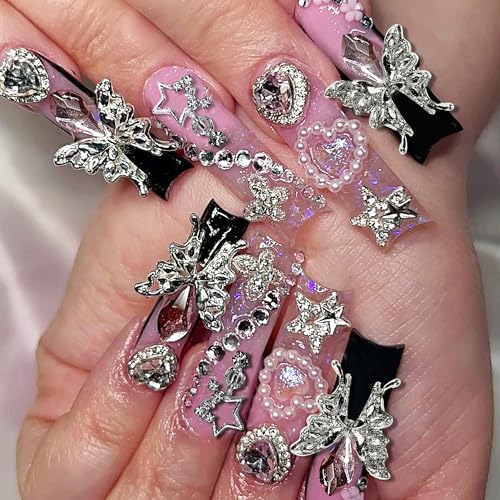 Namifin Silver 48PCS Y2K Nail Charms & Gems for Nail Art, 3D Star Butterfly Planet Cross Designs