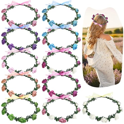 AmFor 11 Pcs Multicolor Rose Flower Wreath Crown Headband Garland for Festivals & Weddings