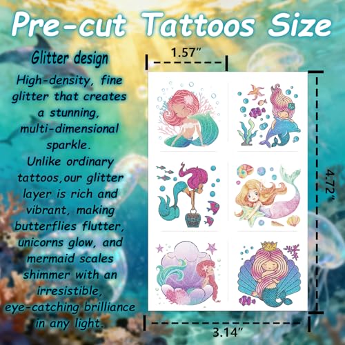 Glitter Temporary Tattoos for Kids - 180 Mermaid & Unicorn Designs