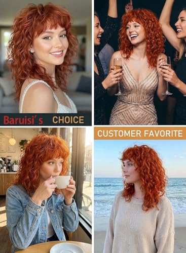 Baruisi Long Curly Wavy Orange Wig with Bangs - Synthetic Heat Resistant