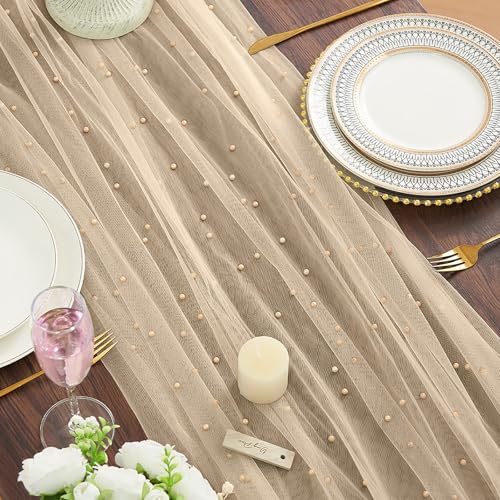 Champagne Pearl Table Runner - 30x120 Inch Tulle for Weddings & Parties