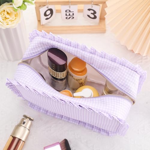 Purple Gingham Ruffle Makeup Bag - Large Travel Cosmetic Pouch