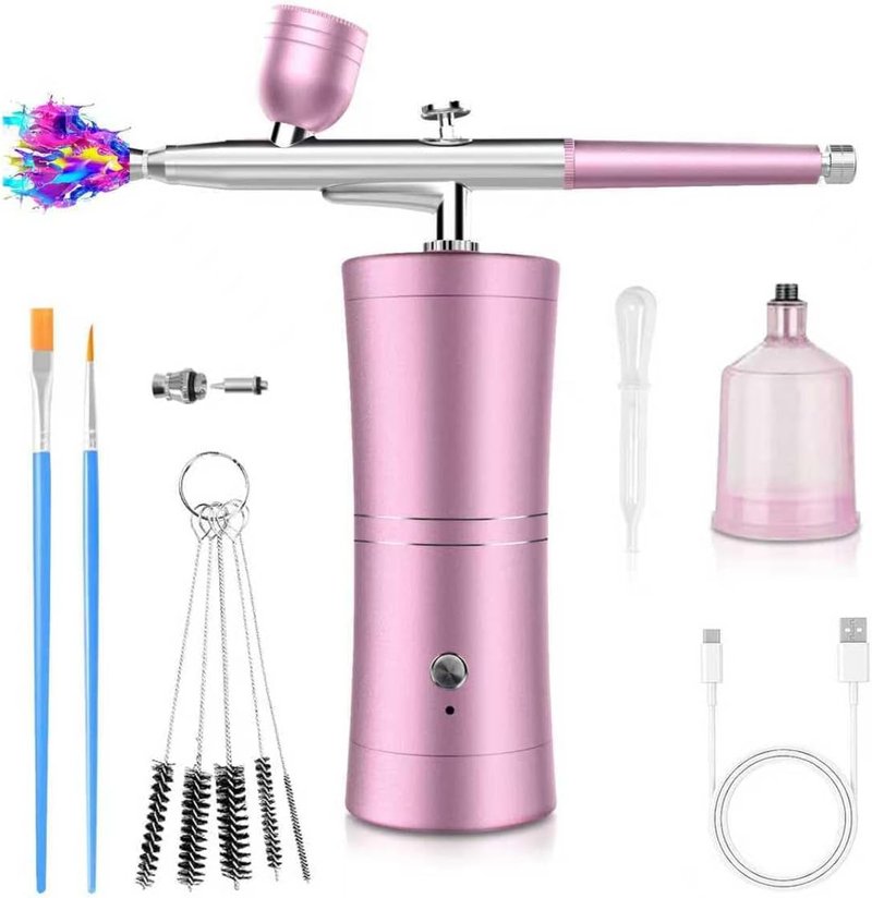 Airbrush Kit - Cordless Rechargeable 32psi Non-Clogging Airbrush Set | 0.3mm Nozzle for Makeup, Nail Art & Crafts (Pink)