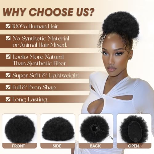 KISANOF 4-Inch Afro Puff Drawstring Ponytail - 100% Brazilian Human Hair