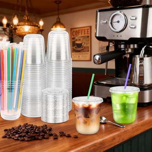 25 Pack 12 oz Clear Disposable Plastic Cups with Lids & Straws