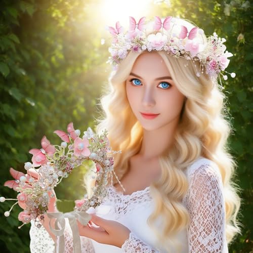 Pink Butterfly Flower Crown Headband for Women - 1 Count