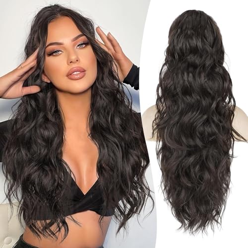 HANYUDIE 26 Inch Wavy Claw Clip Ponytail Extension - Dark Brown