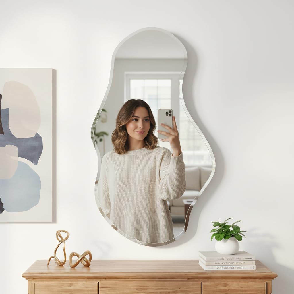 USHOWER Irregular Mirror 20x36 Inch, Frameless Asymmetrical Mirror