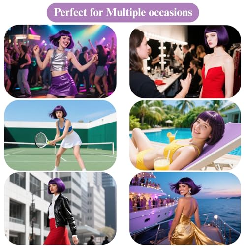 12 Inch Dark Purple Bob Wig with Bangs - Synthetic, Heat Resistant