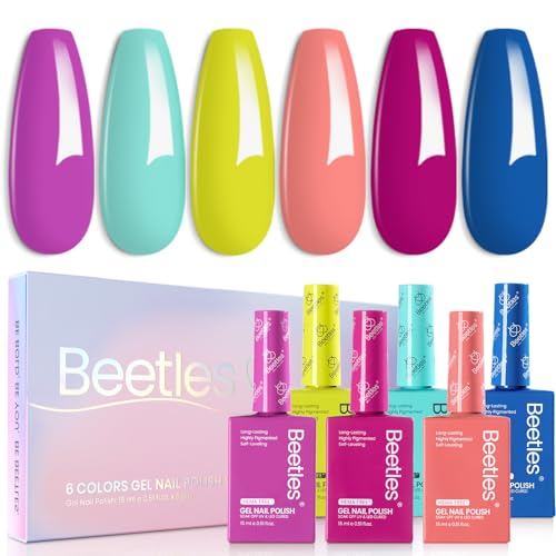 Beetles Neon Gel Polish Set, 6 Colors 15ML HEMA-Free Soak Off UV LED
