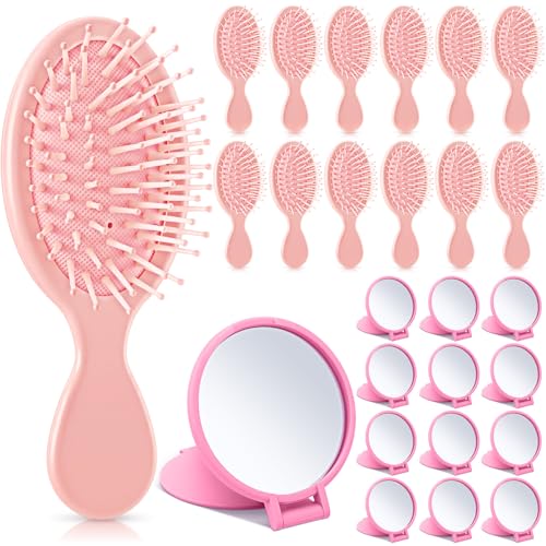 Pink 24 Pcs Mini Detangling Hair Brush & Compact Mirror Set for Spa & Travel
