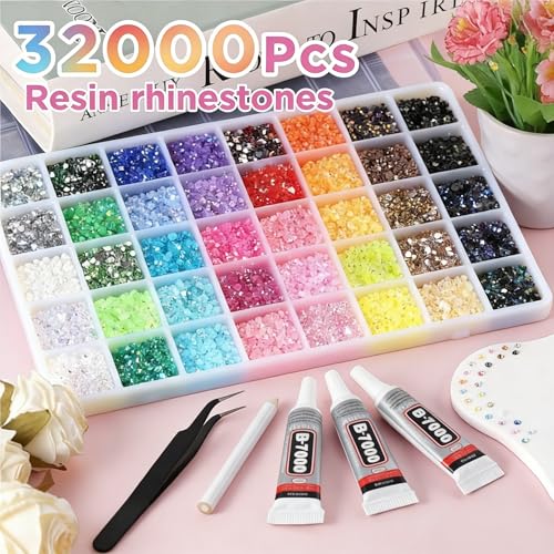 3mm 40-Color Resin Jelly Rhinestones Kit with B7000 Glue - 32000 Pcs for Crafts & Nail Art