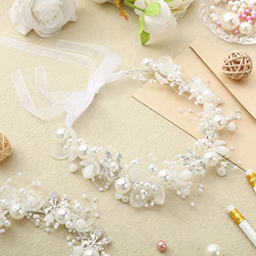 Retrowavy Silver Flower Girl Pearl Headpiece Wedding Communion 2 pcs