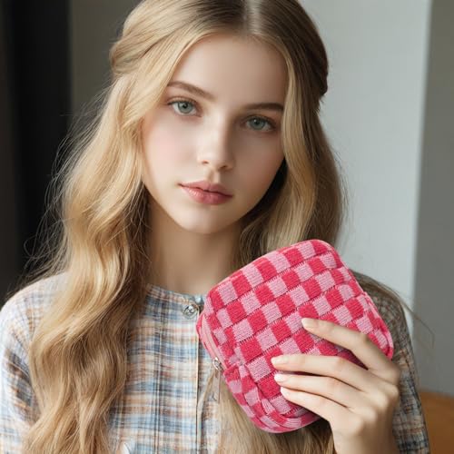 KOTORA 3pcs Checkered Mini Makeup Bag Set - Blue, Pink, Purple