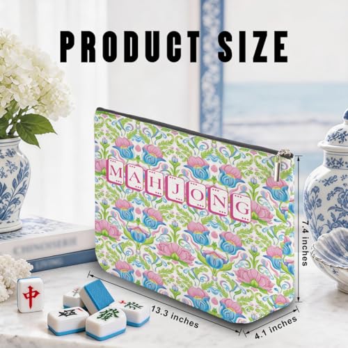 Pink Tulip Mahjong Tile Bag with Zipper Case - Multicolor, Blue Leaves
