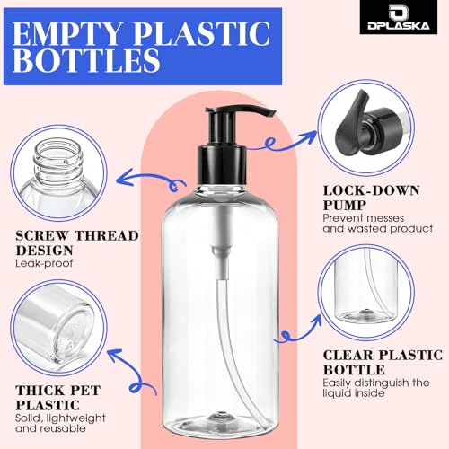 DPLASKA 3-Pack 16oz Clear Pump Bottles with Locking Pump, 3 Colors