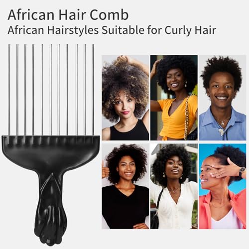 3-Pack Metal Afro Picks - 6" Curl Detangling Combs with Fist Grip