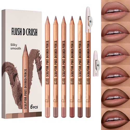 6-Color Matte Lip Liner Set with Sharpener - Nude Brown & More