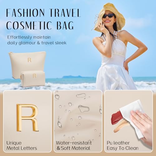 CLOUDWINGS Personalized Initial Makeup Bag - Beige R Toiletry Travel Pouch