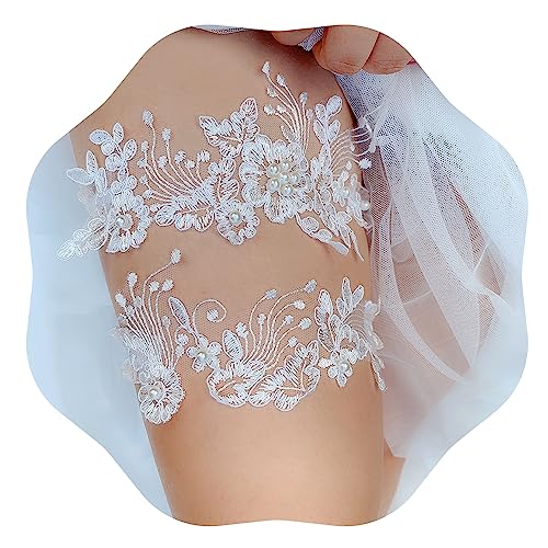 JWICOS White Bridal Garter Set 2pcs Wedding Lace Garter Belt for Women