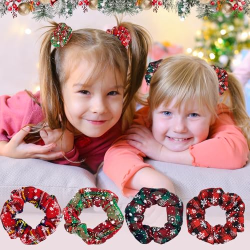 Christmas Hair Accessories Set 11pc – Snowflake Plaid Scrunchies & Clips for Girls