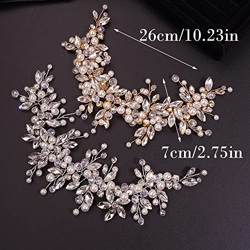 Gold Bridal Rhinestone Pearl Flower Headband for Wedding Hair