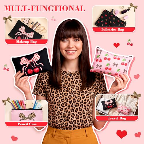 12 Pcs Cherry Bow Makeup Bag Set - Canvas Leopard Cosmetic Pouch 9x6 Inches