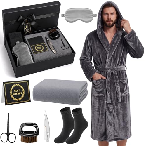 9 Pcs Birthday Gifts for Men Beard Care Set for Him Father's Gifts Basket Kit Get Well Soon Gift Basket with Hooded Robe, Long Towel, Socks for Dad Grandpa Husband Boyfriend(Dark Grey)