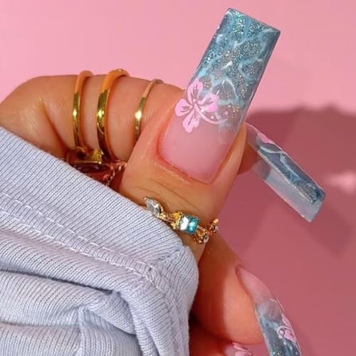 Long Square Press on Nails - Blue Gradient with Pink Floral Glitter