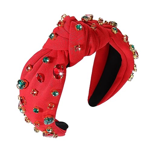 HSWE Red Crystal Knotted Christmas Headband for Women & Girls Holiday Party Accessory