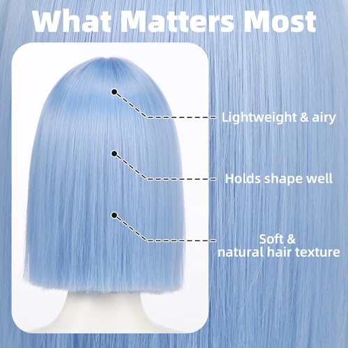 Sky Blue Short Bob Wig for Women 12 Inch Heat-Resistant Synthetic Hair for Daily & Party Use