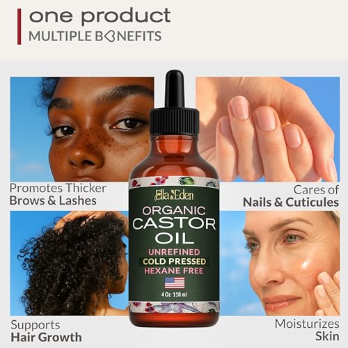 Ella & Eden Organic Castor Oil for Eyelashes & Brows - 4 Oz, Cold-Pressed & Pure