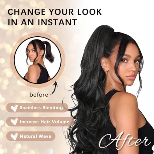 26 Inch Wavy Claw Clip Ponytail Extension - Black Synthetic Hair Piece