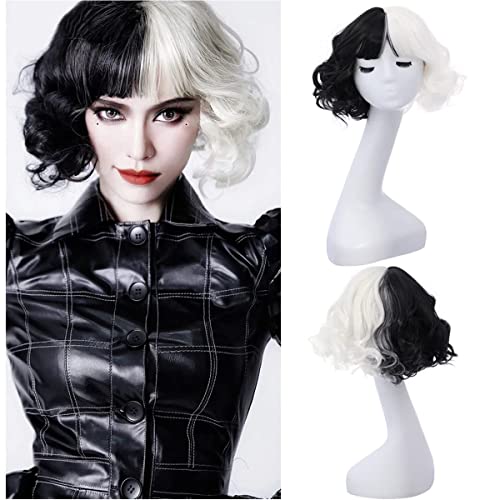 MAGQOO Half Black White Wavy Wig for Women Short Curly Cosplay Halloween Costume