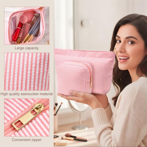 Coral Pink Seersucker Makeup Bag Set - 4 Pcs Travel Cosmetic Organizer