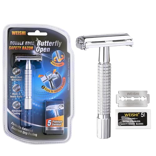 WEISHI Double Edge Safety Razor for Men and Women, Short Handle Twist-To-Open
