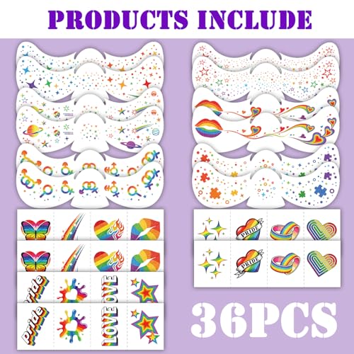 36 Pcs Glitter Pride Face Tattoos - Waterproof Rainbow Stickers