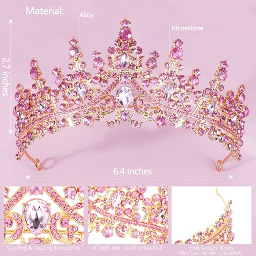 Pink Crown for Women - Crystal Queen Tiara for Weddings & Parties