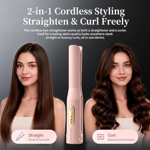 Cordless 2-in-1 Hair Straightener and Curling Iron - Portable USB-C Rechargeable Styler