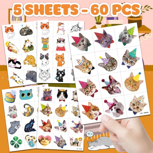 60 PCS Cute Cat Temporary Tattoos - Pre-Cut Stickers for Kids