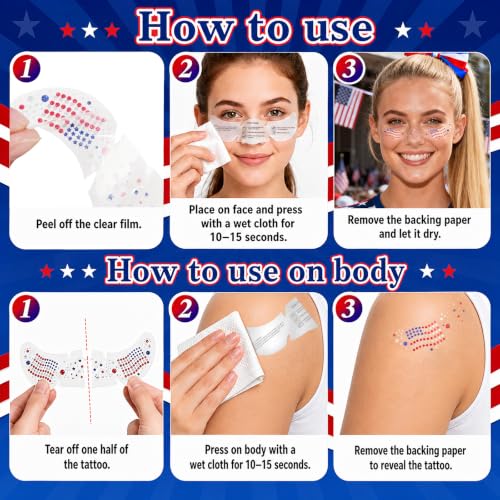 Patriotic USA Flag Glitter Freckles Face Tattoos - 6PCS