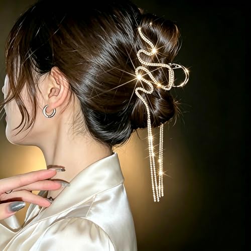 Gold Sparkle Claw Clip with Dangling Chain - Elegant Hair Accessory