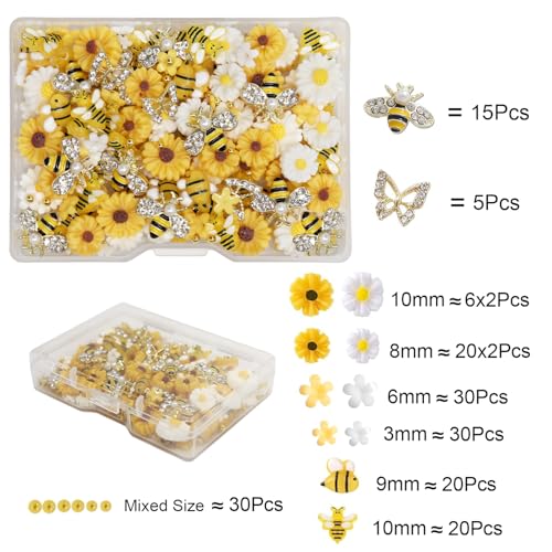 Ganepwns Bee Nail Charms & Beads Set - 200pcs Resin Cartoon Daisy Flowers & Bees for Nail Art DIY
